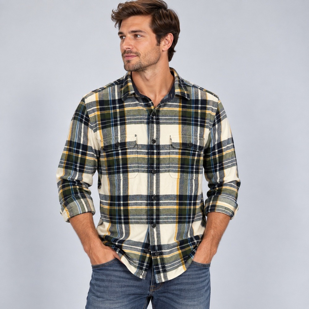 Aeropostale Mens Small Plaid Flannel Shirt White Blue Green Yellow Cotton S/P